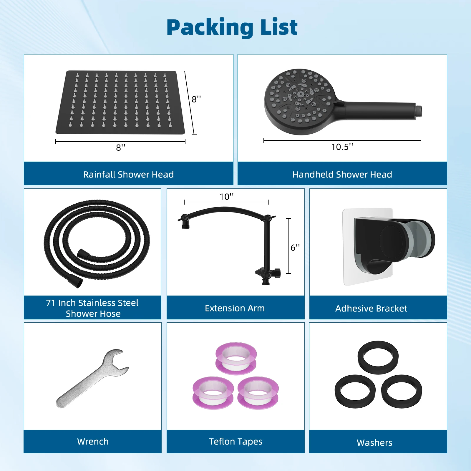 8'' High Pressure Rain Shower Head with Handheld Spray Combo 16'' Adjustable Extension Arm 71'' Hose