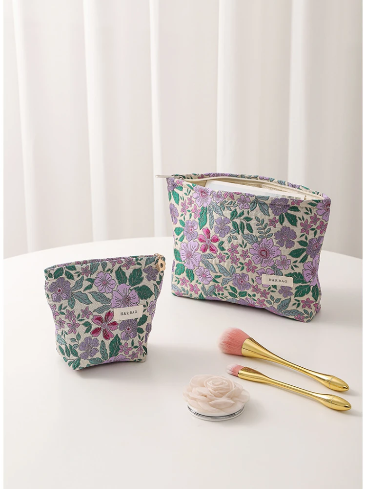 Small Vintage Purple Flowers Ins Cosmetics Lipstick Storage Bag Women's Cosmetic Bag Portable Coin Purse Commuter Card Holder