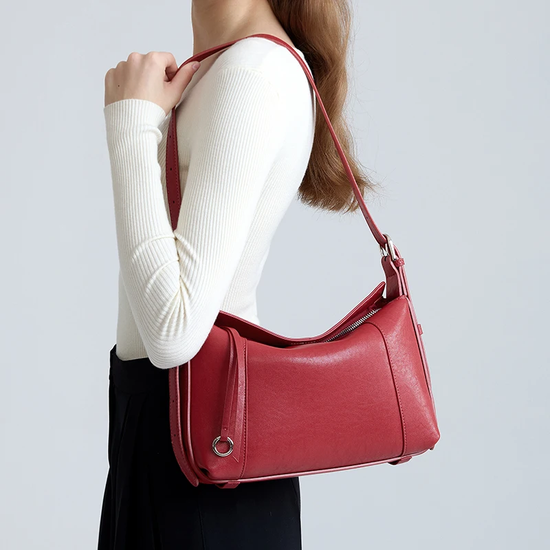 Women's Genuine Cowhide Leather Curved Hobo Shoulder Bag Luxury Designer Smooth Leather Adjustable Strap Flap Underarm Handbag