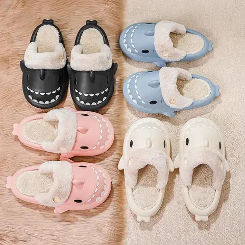 Winter Adult Indoor Shark Slippers Kids Cute Animal Sandals Women Stuffed Warm Plush Indoor Velvet Soft Cartoon Floor Flip Flops