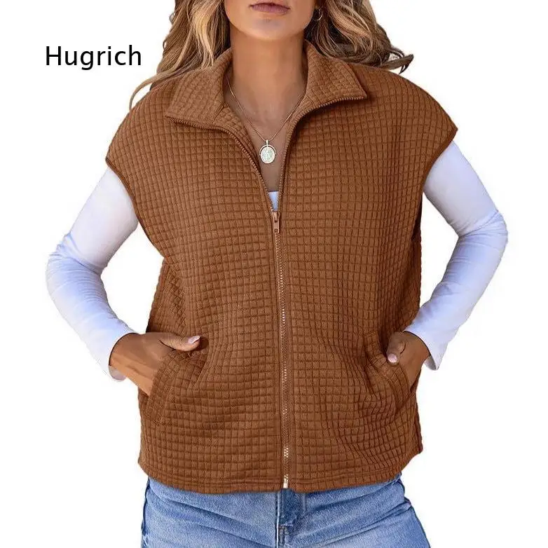 Women's Zip Up Sleeveless Vest Stand Collar Waffle Knit Gilet With Pockets Loose Casual Outerwear For Daily Fall Winter Layering