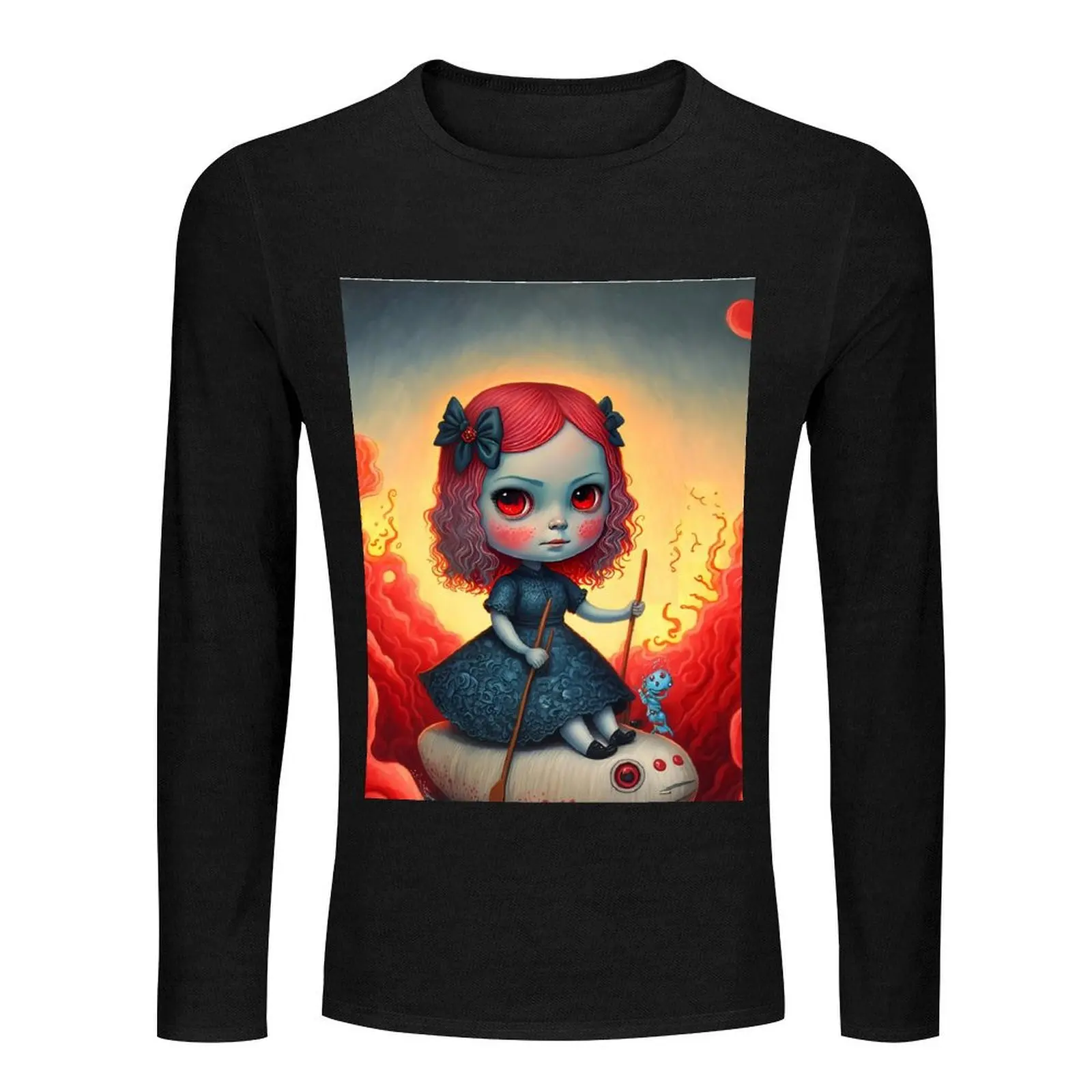 Voyage of the Crimson Waves - Surreal Doll in a Fiery Fantasy World Long T-Shirt quick drying t-shirt funny t shirts for men