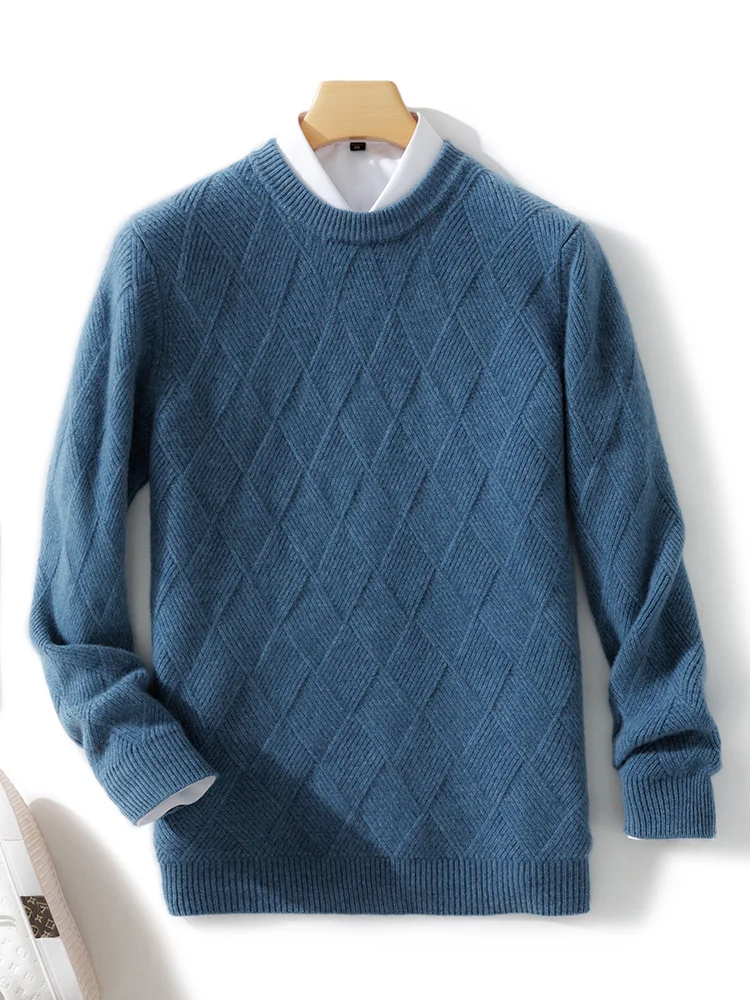 Sweater wol kerah O pria, atasan rajut wol lengan panjang Pullover dasar kasual Rhombus 100% musim gugur musim dingin