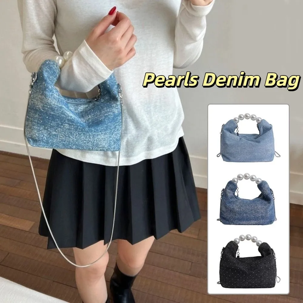 

Portable Korean Pearls Denim Bag Small Square Denim Crossbody Bag Casual Rhinestones Women's Handbags Girls