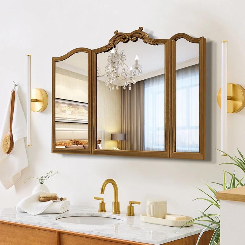 Cermin lipat tiga bergaya retro Prancis, cermin kamar mandi, gantung dinding, toilet, lipat, lemari rias kamar tidur, bergaya abad pertengahan, tiga sisi