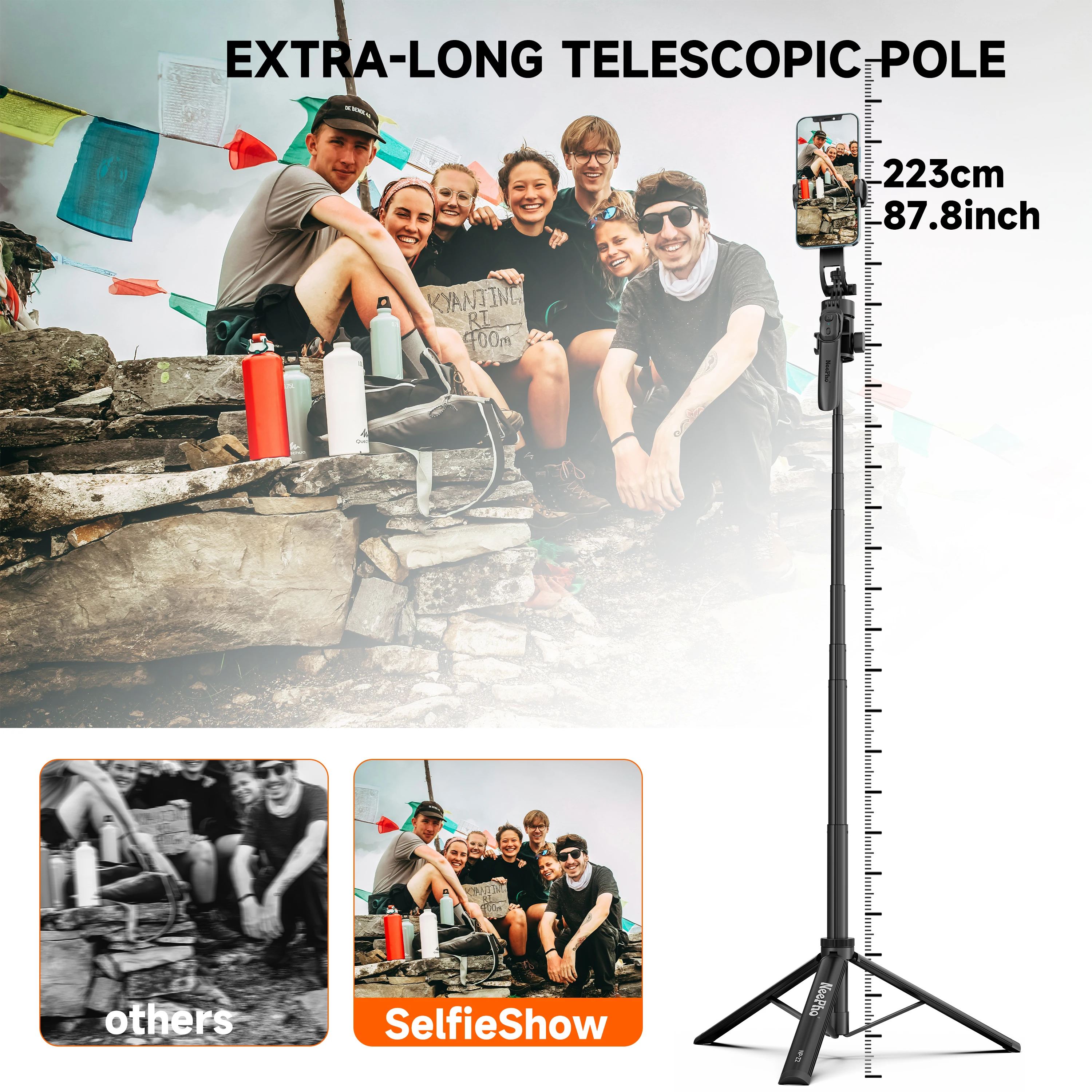 NeePho Z2 Bluetooth Selfie Stick Tripod, 360° Rotatable, Works with Action Cameras, Smartphones, Fill Lights & Microphones