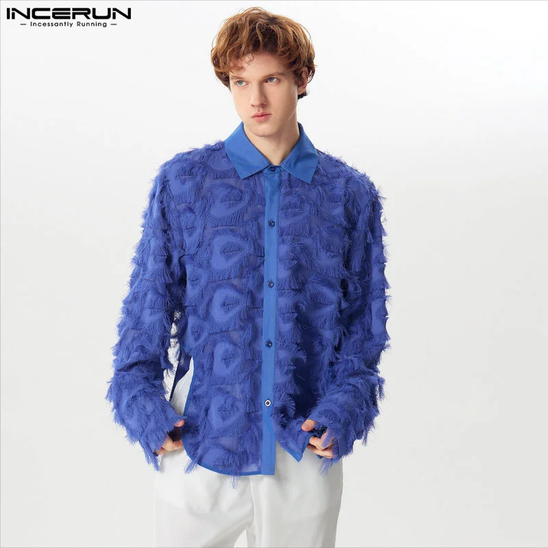 

INCERUN Men Shirt Tassel Jacquard Lapel Long Sleeve Button Casual Men Clothing Streetwear 2024 See Through Fashion Camisas S-5XL