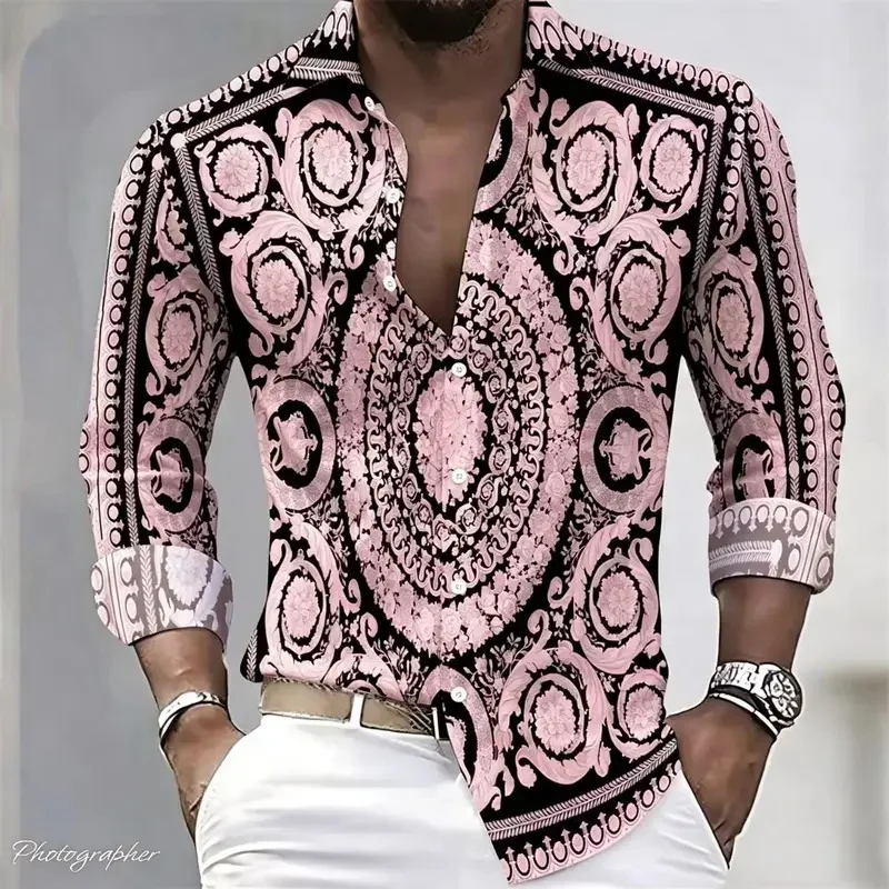 2026 new European and American style men's long sleeved shirt Baroque court style 3D printed retro lapel casual shirt