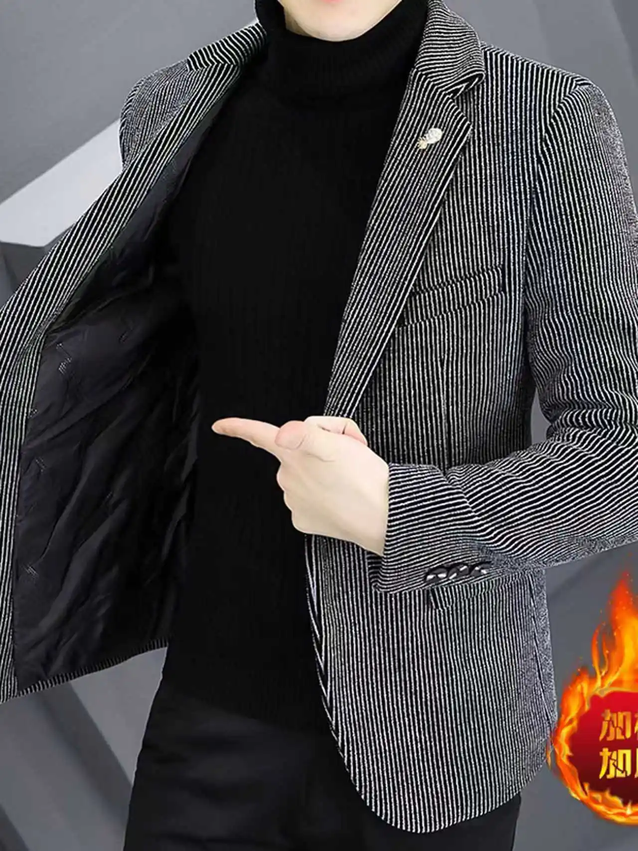 

Winter Thiened Men's Suit Gold Mink Velvet Woolen Casual Busin Pure Color Stand Fit Long Sve Single-breasted Jaet