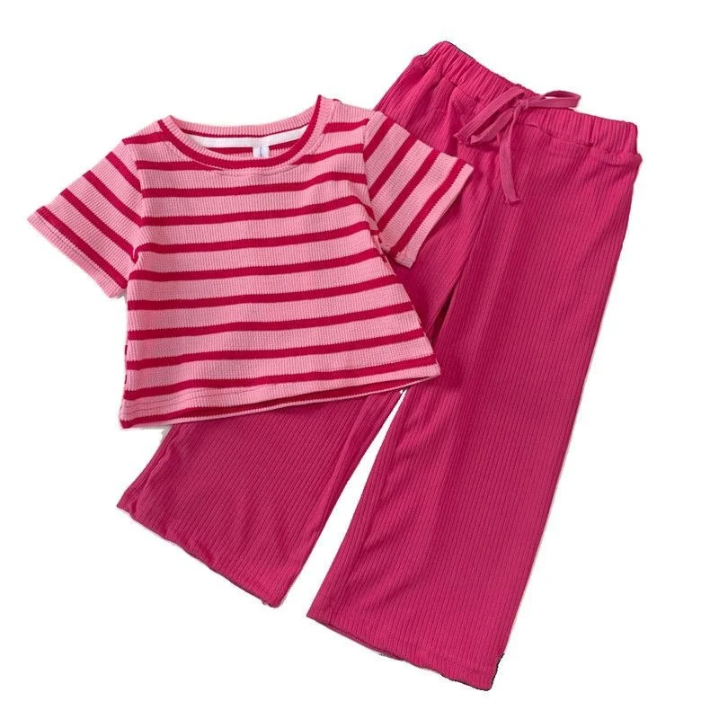 Girls Cute Suit Children Round Neck Short Sleeve Top Set Summer New Baby Fashion Striped Clothing Wide Leg Pants Two-Piece 2-10Y