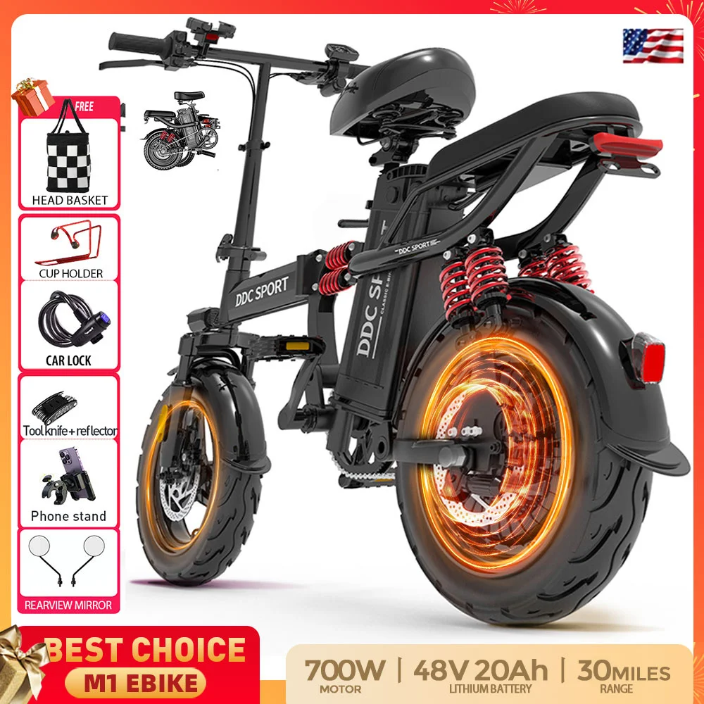 

M1 Electric Bike For Adults,35 Miles Range,700W peak motor,19MPH Speed, 48V 20Ah Removable Battery, Dual Disc Brakes, Front And
