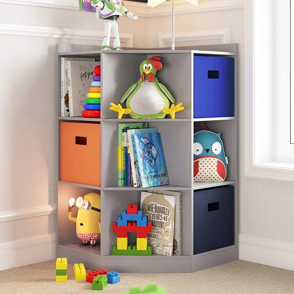 

9-Cubby Kids Bookcase with Large Storage Drawers, Children's Corner Cabinet with 6 Cubes and 3 Shelves Wooden Storage Sideboard
