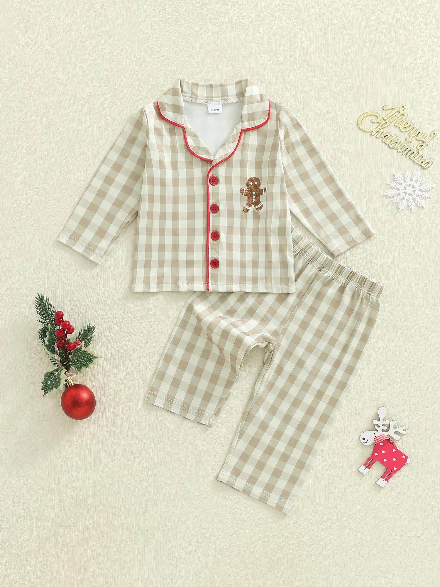Infant Toddler Plaid Pajama Set with Christmas Gingerbread Embroidery Lapel V Neck Long Sleeve Top and Pants 2-Piece