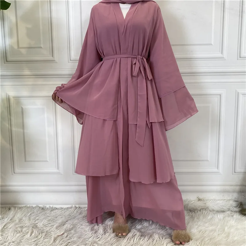 

Dubai 3 Layered Chiffon Muslim Women Open Abaya Kimono Maxi Dress Turkey Arab Robe Islamic Kaftan Ramadan Femme Jalabiya Caftan