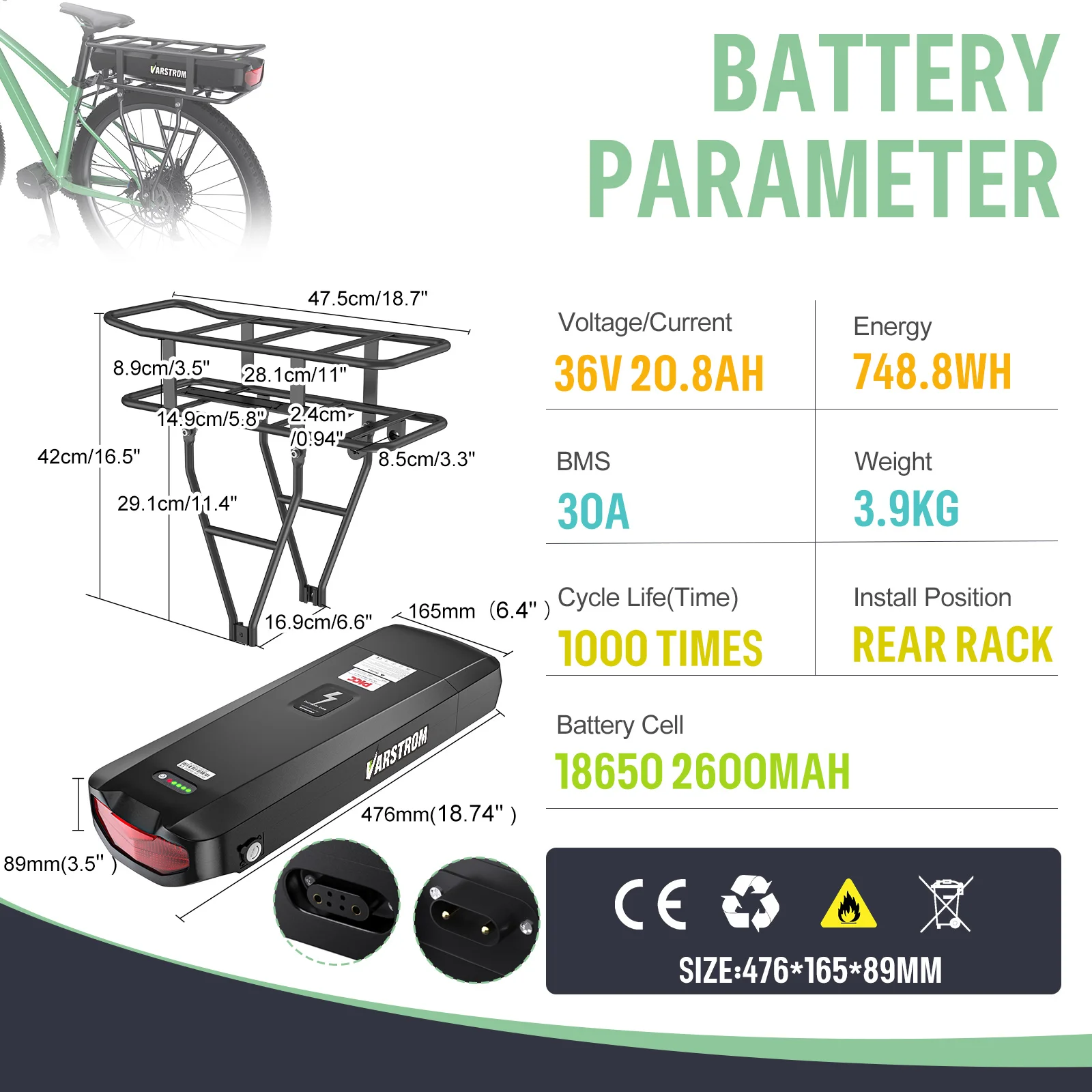 Achterrekken eCycling Batterij 36 V 22.5AH Lithium Batterij 18650 21700 48 V 17.5Ah voor Elektrische cyclus 250 W 500 W 750 W
