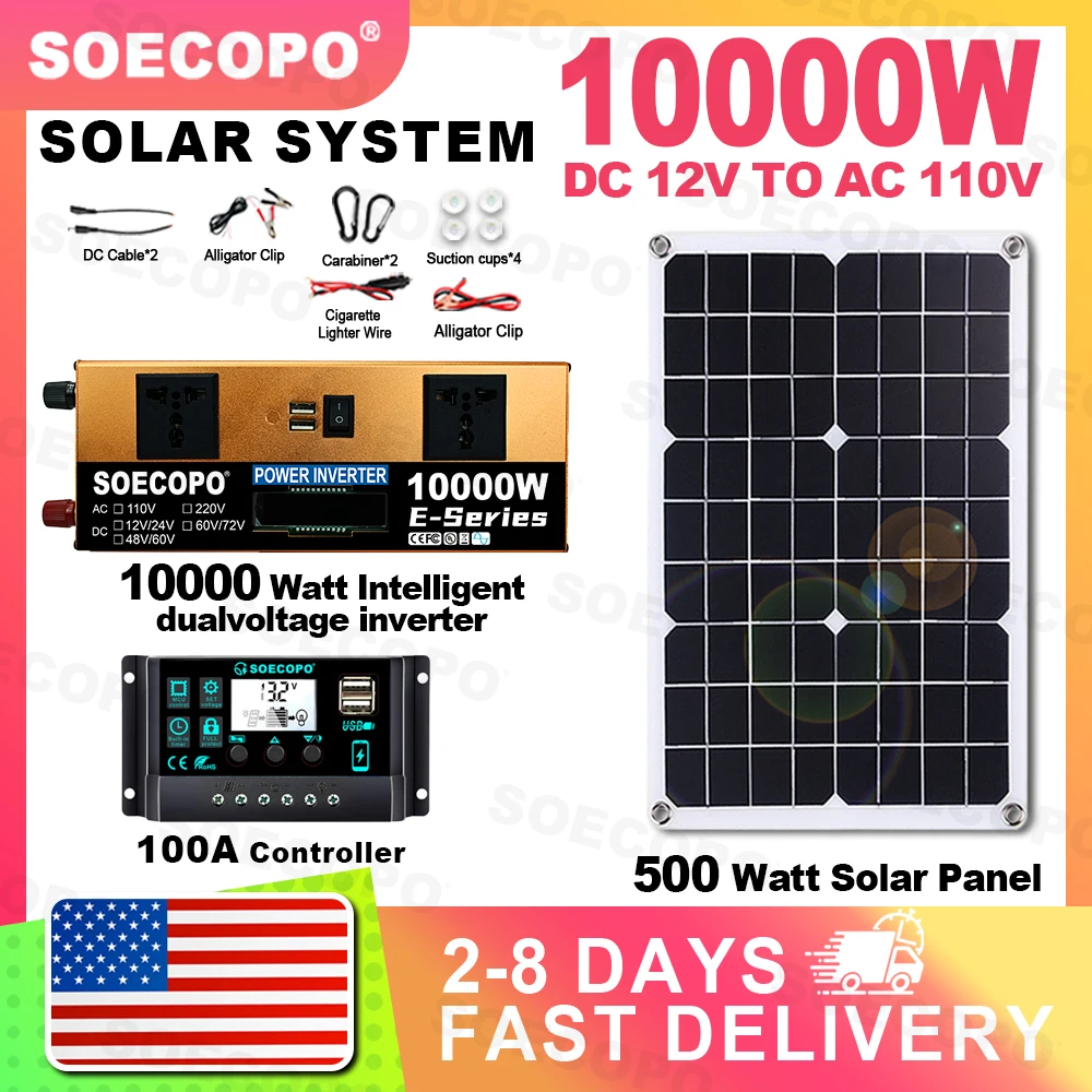 

( Delivery within 2-8 days) SOECOPO 10000W Solar System Kit 500W Panel 100A Controller 12V/24V to 110V Inverter for Camping