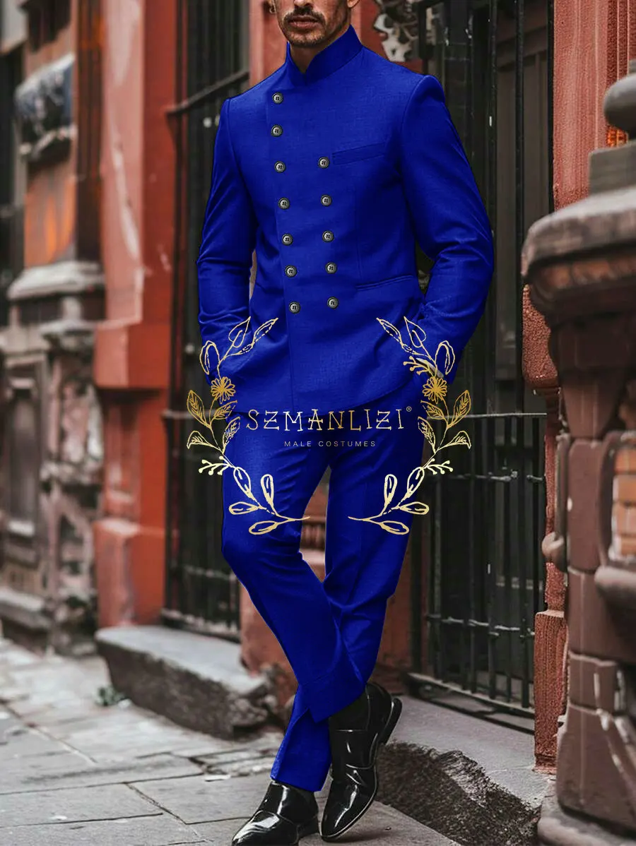 Light Grey Men's Suits For Prom Party Double Breasted Stand Collar Slim Fit Male Wedding Clothing Fashion 2 Piece Jacket Pants