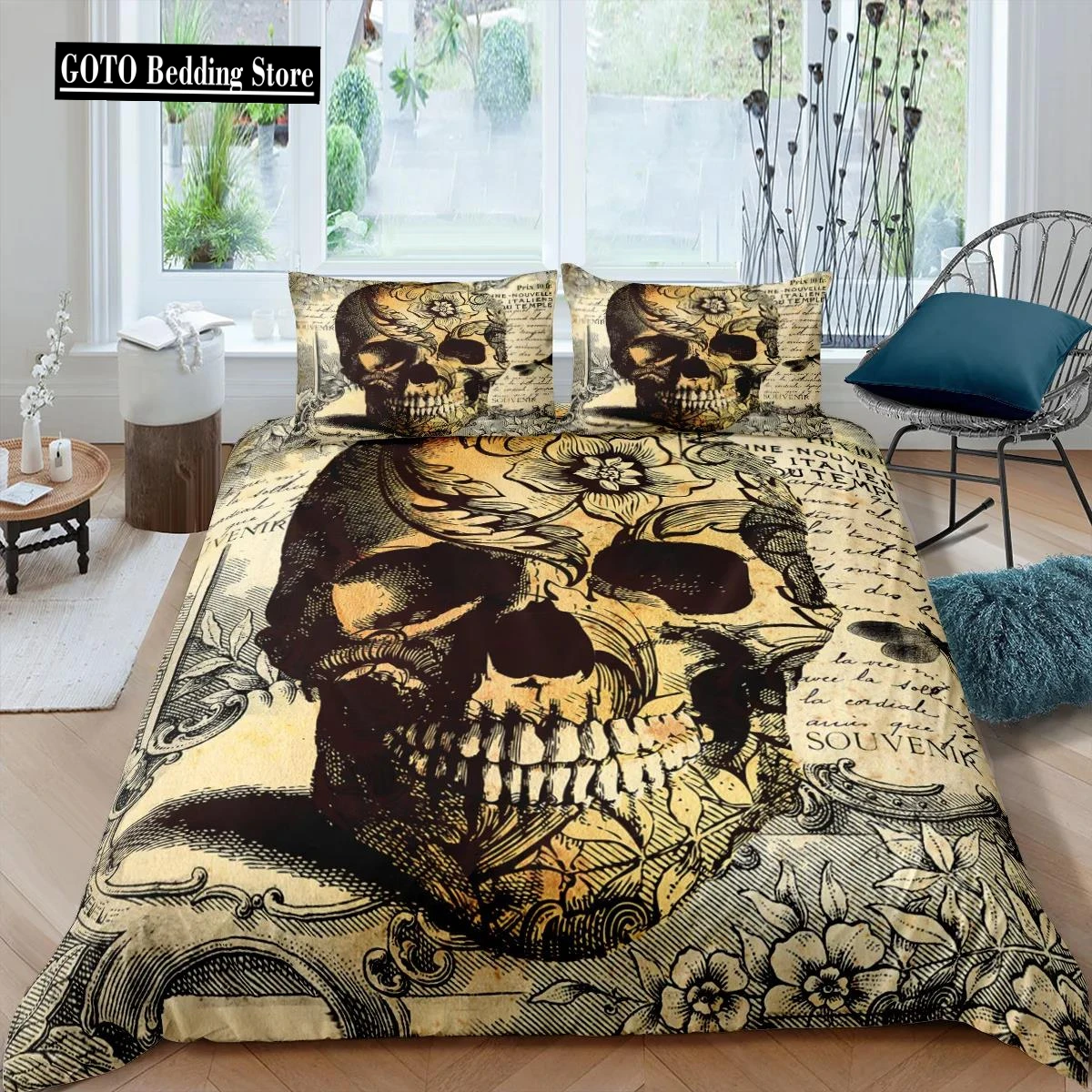 Gold Rose Skull Luxury Retro Comforter Cover Bedding Queen Size Halloween Bedroom Decorative Quilt /Duvet Cover Pillow Cases