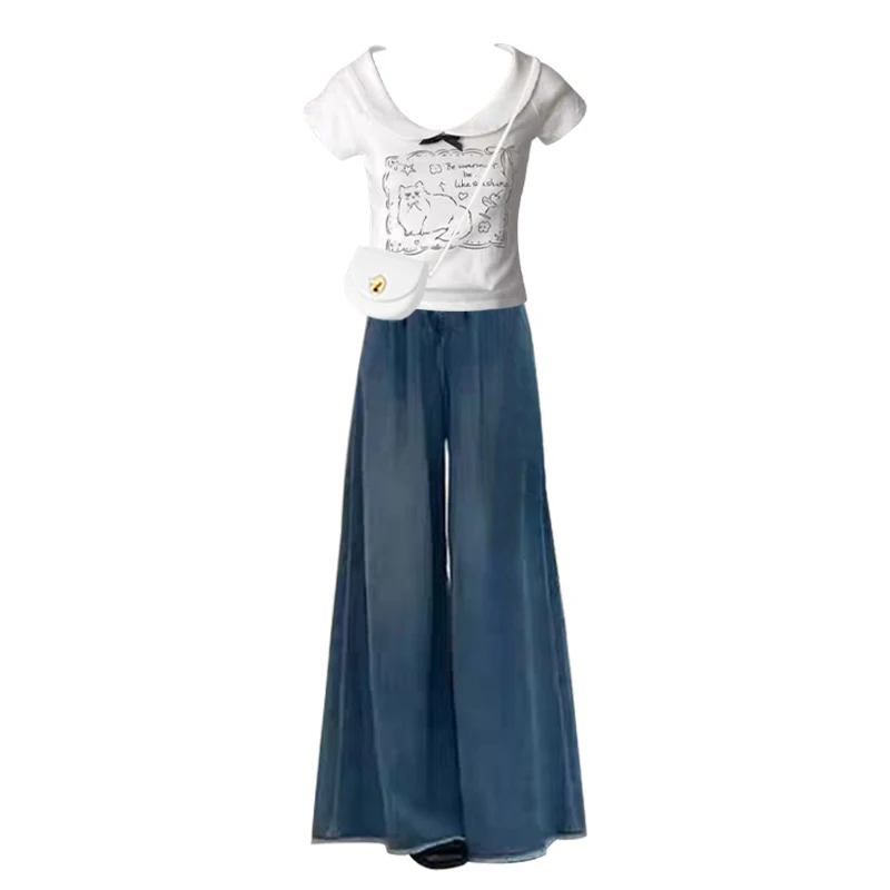 Summer  Knot Print Doll Collar Short Sleeve T-Shirt And Slimming Jeans Two-Piece Set Fashionable Casual Women's Wear view 5