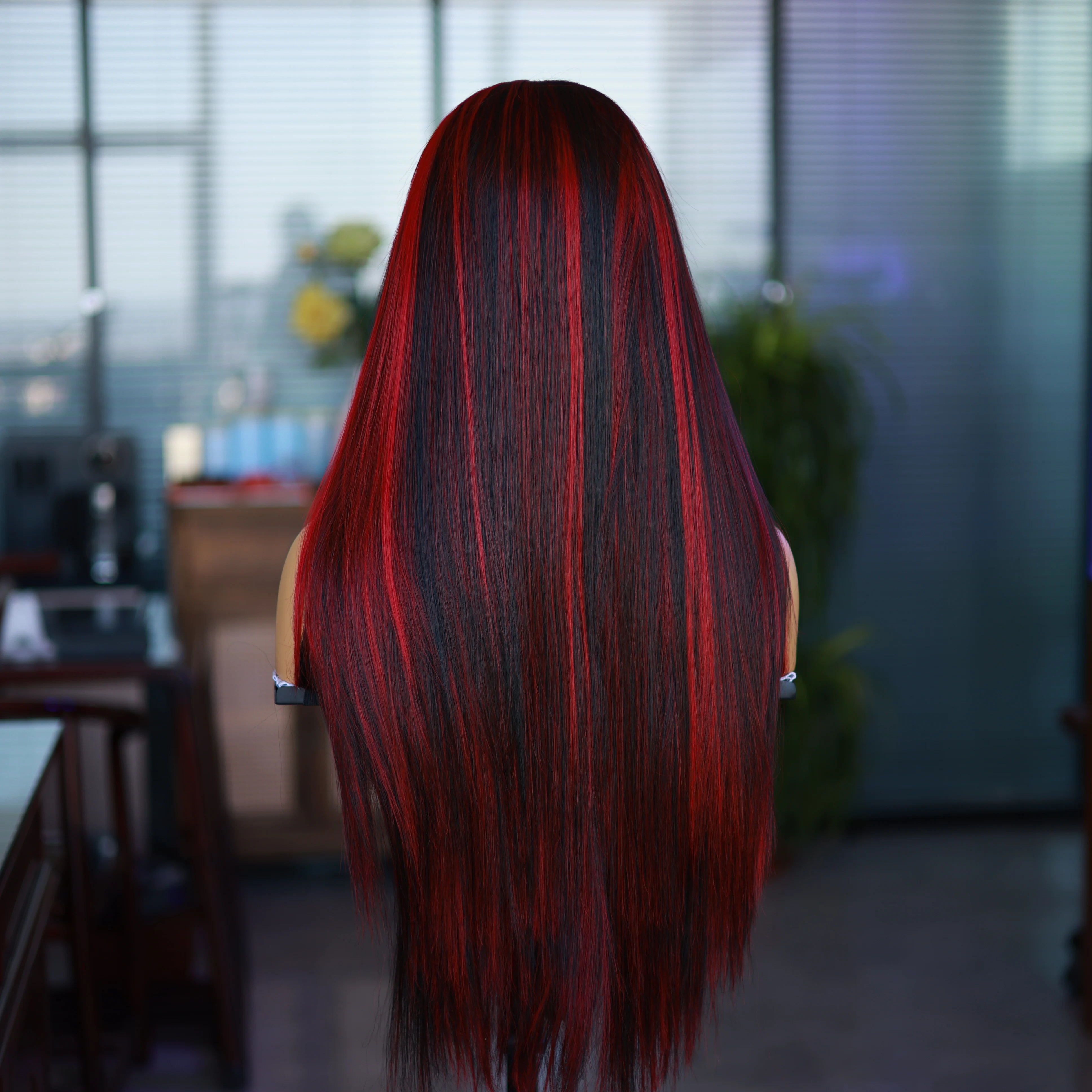 Black Red Stitching Synthetic HD 13*4 Front Lace Long Straight Wig Natural Hair Line Fashion Beautiful Gift Party Cosplay Wig