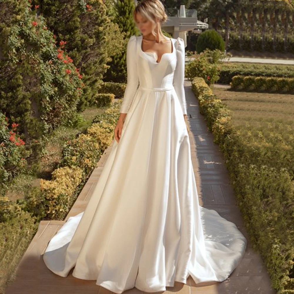 

Simple Satin A-Line Wedding Dress Classic with Belt Floor Length Bride Long Sleeves Sweep Train Sexy Open Back Bridal Gowns