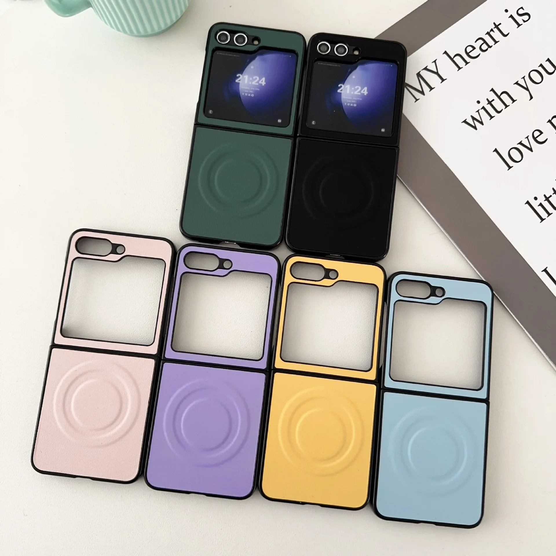 

Pure Color PU Leather Magnetic Phone Case For Samsung Galaxy Z Flip 7 6 5 4 Protective Back Cover For ZFlip5 ZFlip6 ZFlip7 Case