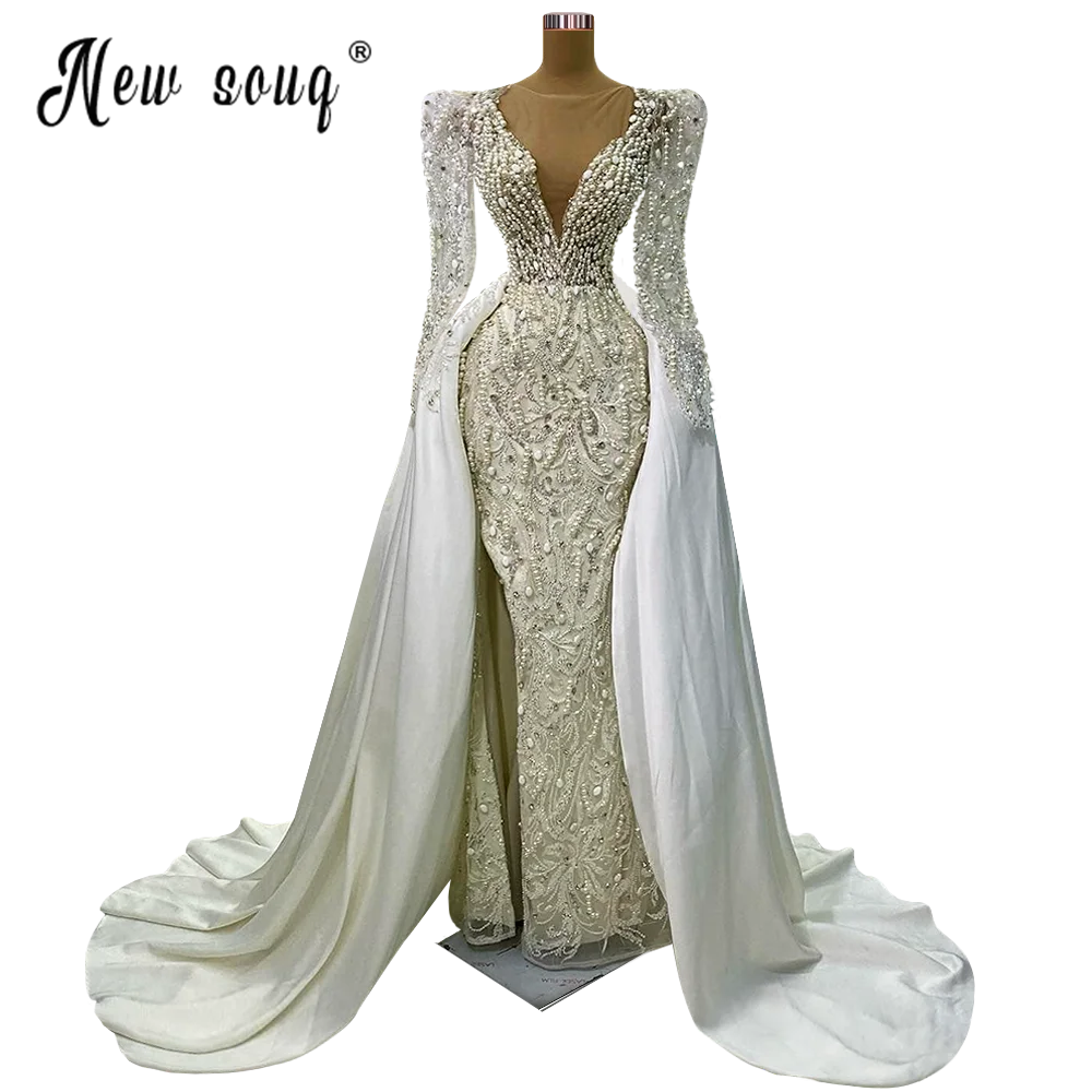 Dubai Luxo 2 em 1 Vestido De Noiva Com Manga Longa Do Cabo 2023 Pérola Rendas Beading Vestidos De Noiva Plus Size para Mulheres Custom Made