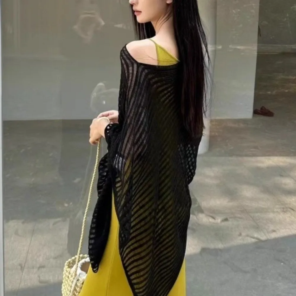 Pullovers Stripe Patchwork Crochet Hollow Top Loose Thin Bohemian Shawl Irregular Transparent Beach Cloak Summer