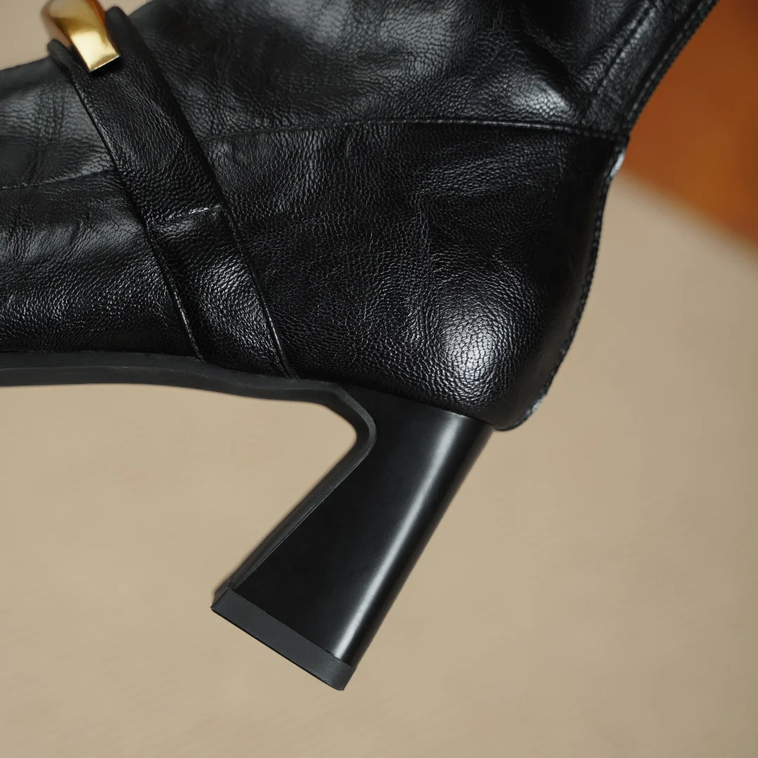 المرأة جلد الغنم كبيرة بو الجلود المرقعة مشبك معدني ساحة تو الظهر البريدي الخريف حذاء من الجلد 7 سنتيمتر سميكة عالية الكعب أحذية قصيرة #6