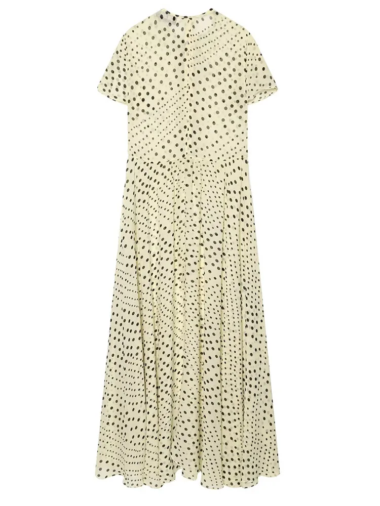 HH Women Summer Vintage Romantic Cream Black Polka Dot Maxi Dress Tie Neck Short Sleeve High Waist Flowy A-Line Long Dress view 4
