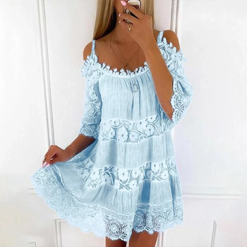 

Women's Fashion Camisole Dress Summer Lace Spliced Off-shoulder Slash Neck Suspender Casual Solid Color Loose Waist Dress Female