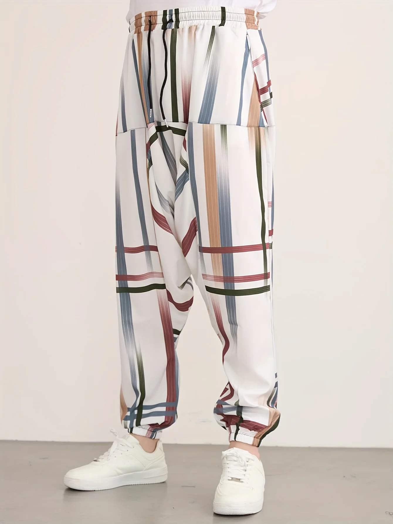 سراويل رجالية غير قابلة للتمدد لجميع المواسم - سراويل فضفاضة مع خصر برباط، سراويل يومية رسمية غير رسمية بألوان محايدة (B)