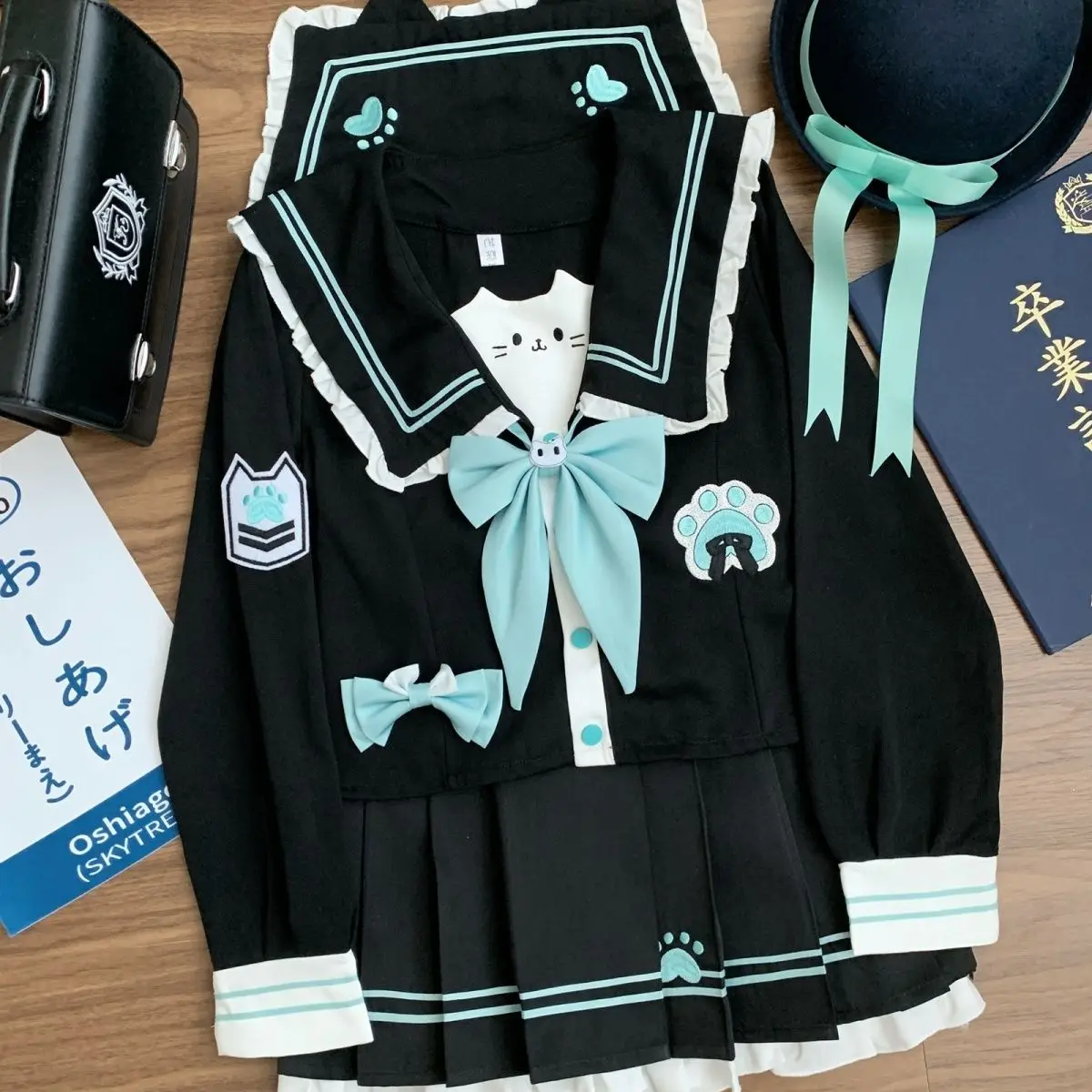 jk-uniform-long-and-short-sleeve-cartoon-cat-pattern-sailor-suit-set-authentic-japanese-cute-school-uniform-style