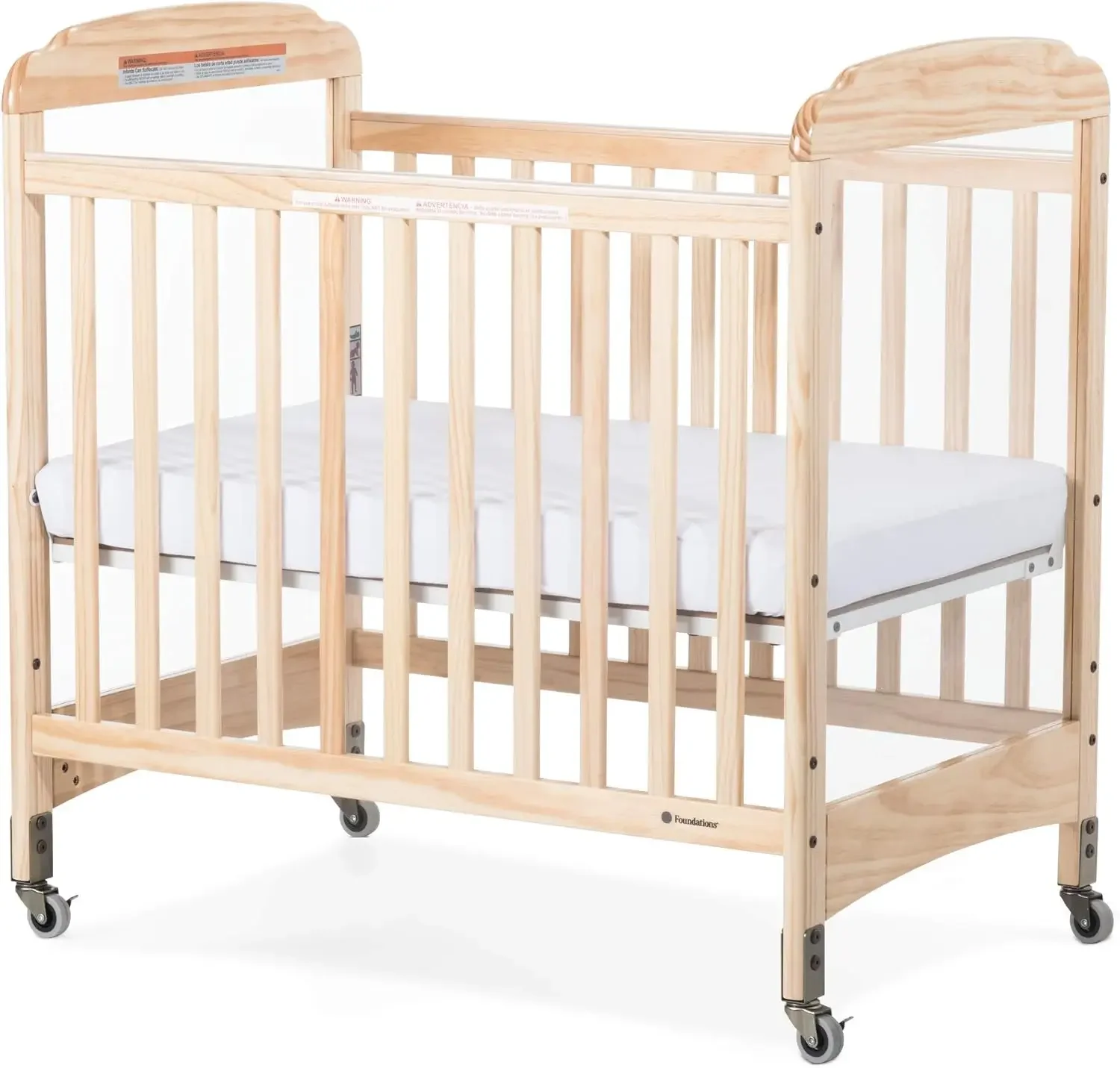 Foundations Serenity Compact Clearview Daycare Baby Crib Fixed Side Durable Wood Construction Adjustable Mattress Board Natural