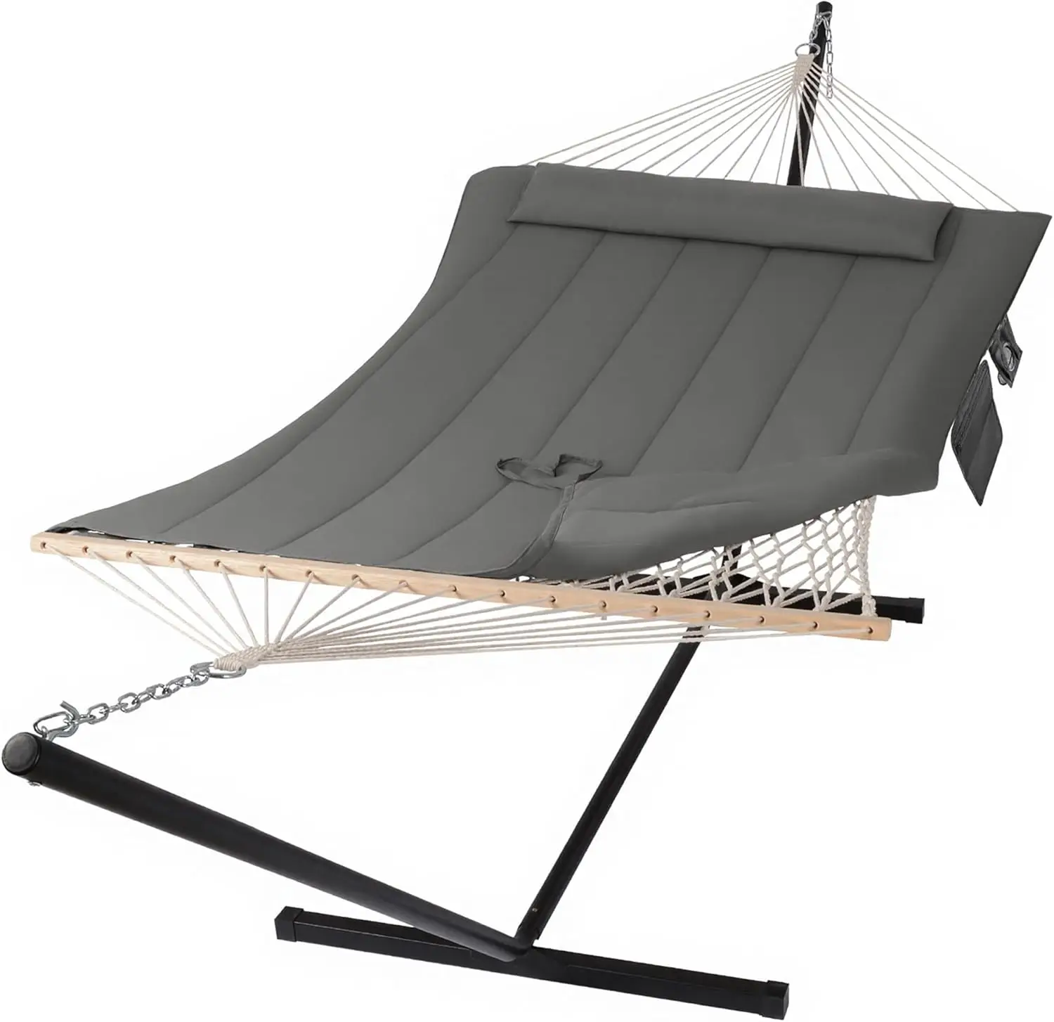 Outdoor Double Hammock with Stand, Cotton Rope and Polyester Pad, Dark Gray