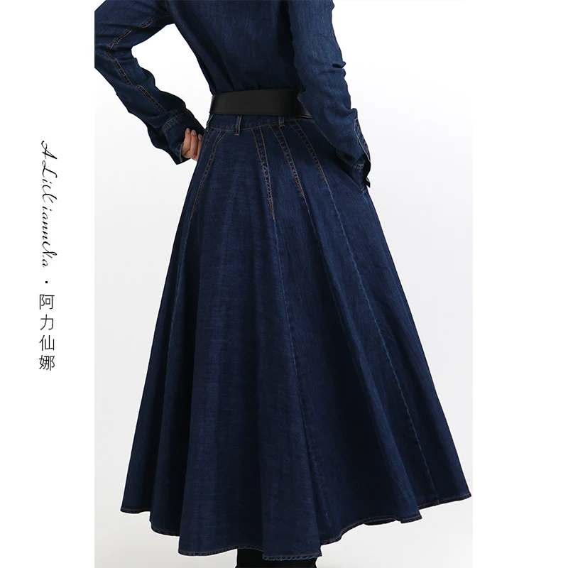 2023 New Autumn Fashion Big Bottoming Women Denim Skirt All-match Hepburn Pettiskirt Mid-long Vintage High Waist Umbrella Skirt