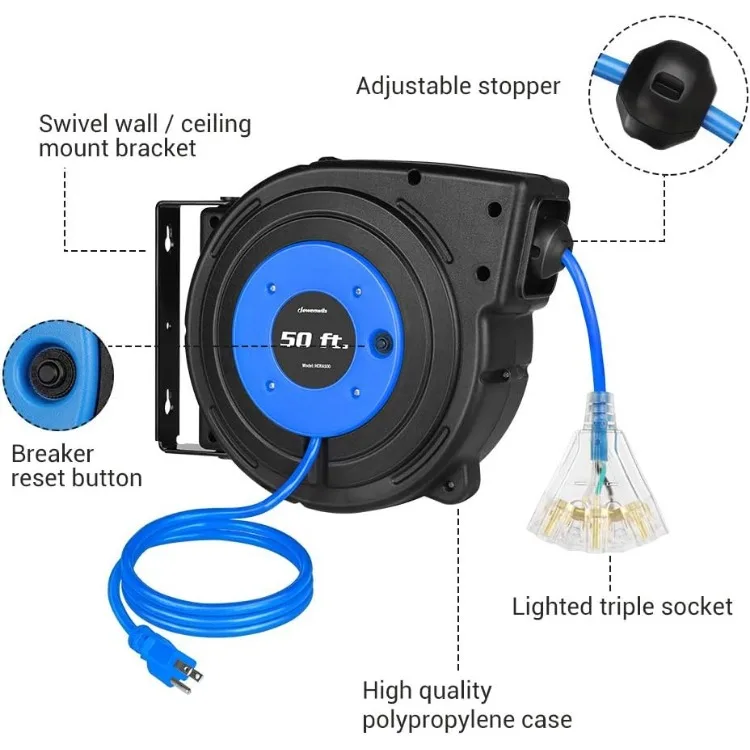 引き込み式延長コードリール、50フィートの頑丈な電源コード、3つの接地コンセント、照明付きトリプルタップ、13アンペア、14awg、3c sjtow