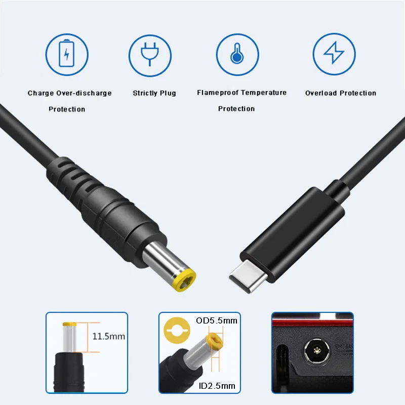 PD65W 20V 3A USB typu C do DC5525 DC5521Przewód zasilający Kabel do ładowania Przewód konwertujący 1,5m do lutownicy TS100 PINE64 SH72 T12