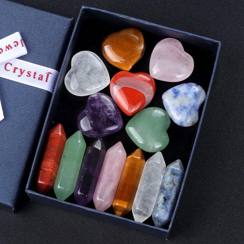 14-teiliger Sieben-Chakra-Kristall-Edelstein, poliertes Herz, bunter Stein, sechseckige Säule,