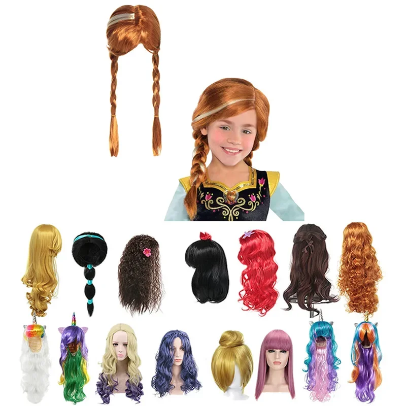 New Baby Girls Elsa Wig Dress Up Braid Mermaid Fancy Anna Makeup Headwear Kids Halloween Party Cosplay Princess Hair Decoration