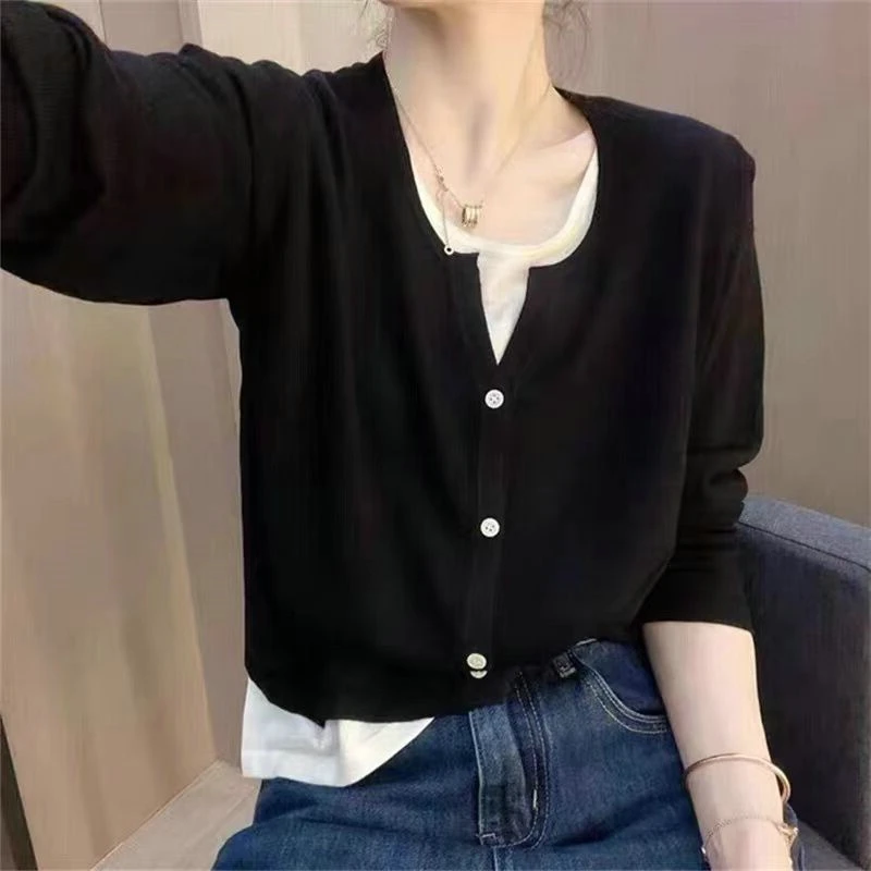 

Fake Two V-neck Slim Knit Cardigans For Women, New Thin Top For Spring And Autumn 2024