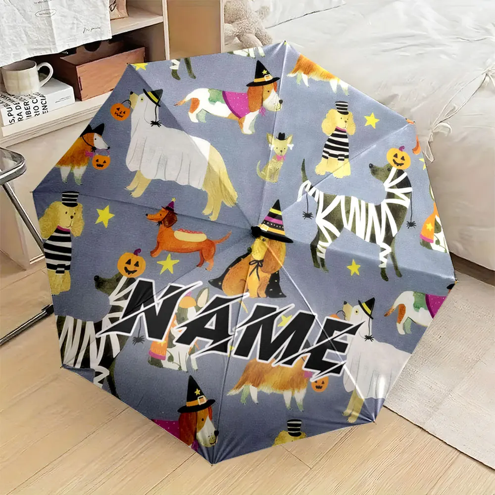 Custom Name Umbrella, Fun Halloween Dogs Print Umbrella for Fall Festivities Folding Umbrella for Sunny and Rainy,Gift
