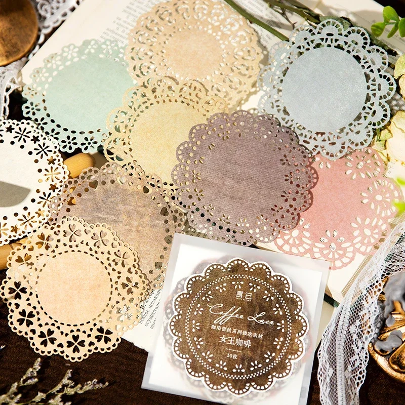 

10Pcs Hollow Material Paper round Retro curry dye lace collage Collagedecoration DIY creative bottom Writing Scrapbook Supplies