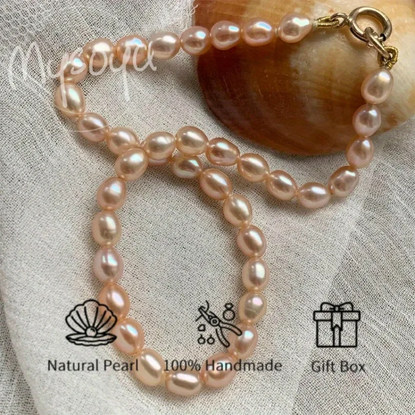 

MYSOYA 7-8mm Natural Pink Rice Shape Pearl Necklace Multi Size With Gift Box Birthday Weddings Christmas New Year Jewelry Gift