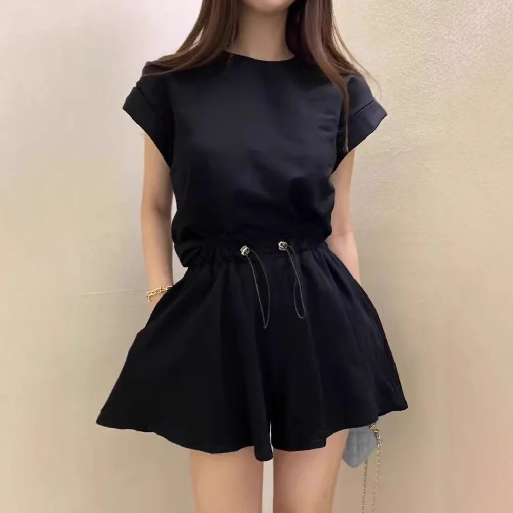Summer Elegant Back Slit Short Sleeve T-Shirt Top with Drawstring Wide Leg Shorts Two Piece Set Polyester Fiber Ladies Fashion