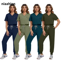 Conjunto de enfermera quirúrgica para mujer, pantalón corto informal de manga, ropa de trabajo de farmacia, uniformes de enfermería para médico y Hospital, trajes para correr médicos con cuello en V
