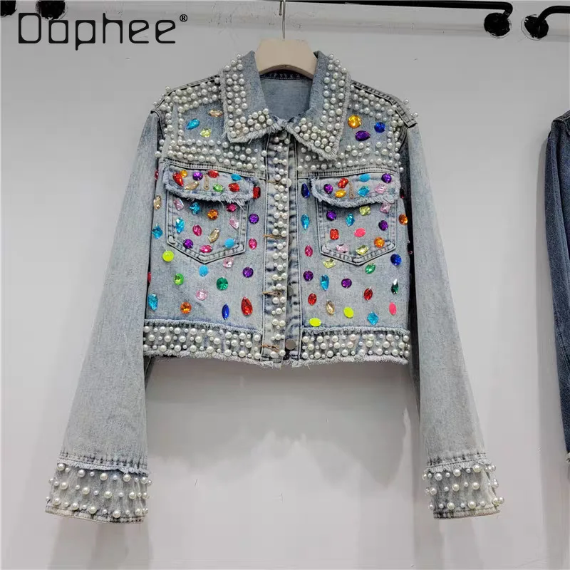 

Beading Colorful Diamonds Denim Jacket Women Short Cowboy Rhinestone Fashion Women Long Sleeve Streetwear Outwears Autumn Spring