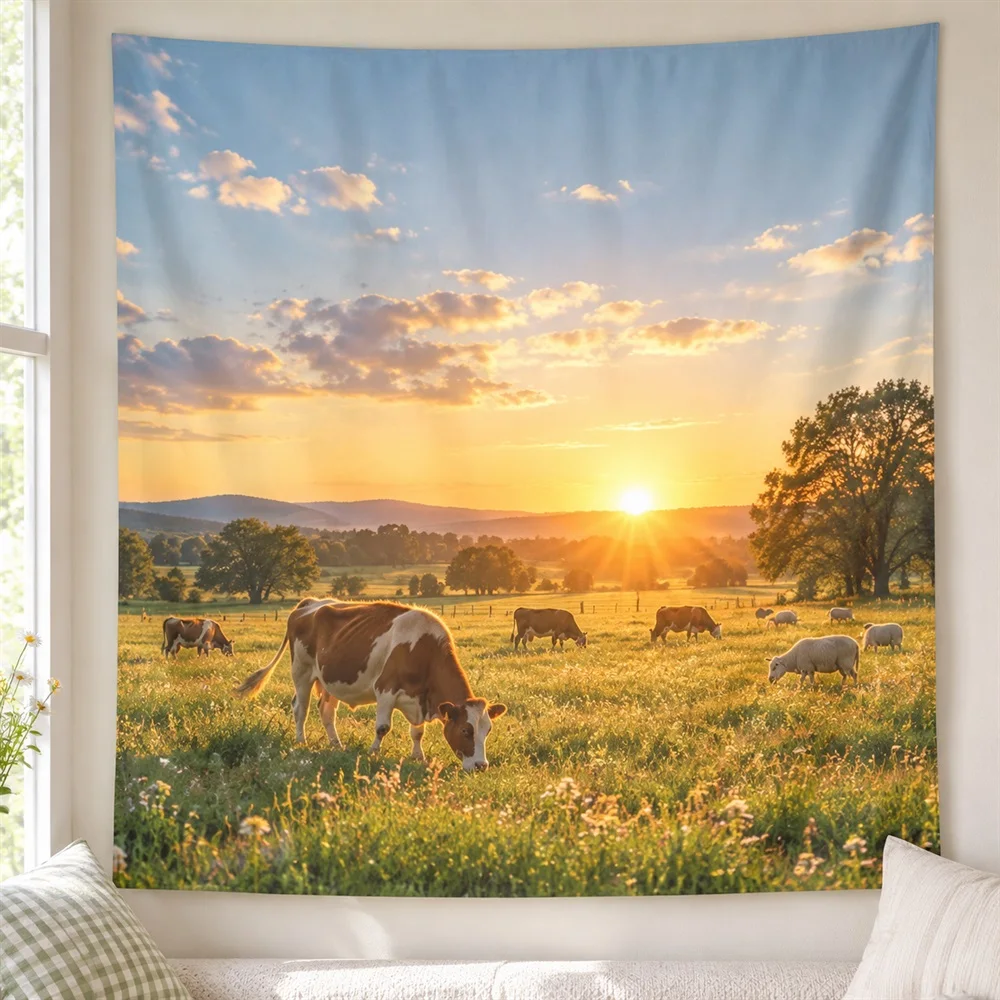 VIKAMA Pasture Sunset Tapestry Wall Hanging, Aesthetic Country Room Decor Tapestries for Nursery Kids Room Bedroom Living Room