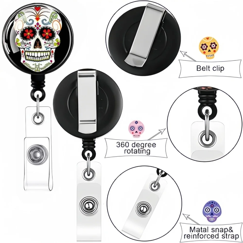 Halloween-Schädel-Abzeichenhalter, Clips, einziehbarer Schlüsselanhänger, mexikanischer Tag der Toten, Ausweisrolle, Schlüsselanhänger für Arzt, Krankenschwester