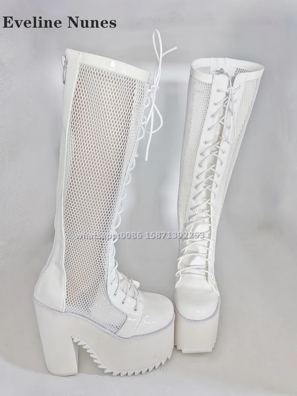 Mesh Platform Sawtooth Shaped Sole White Gladiator Round Toe Thick Sole Cross Tied Cut Out Patchwork Knee-High Boots 2024 Trend